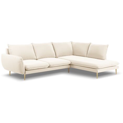 Canapé d'angle droit 6 places en velours beige clair (1/5)