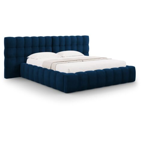 Lit coffre avec tête de lit double 200x200cm en velours bleu roi (1/5)