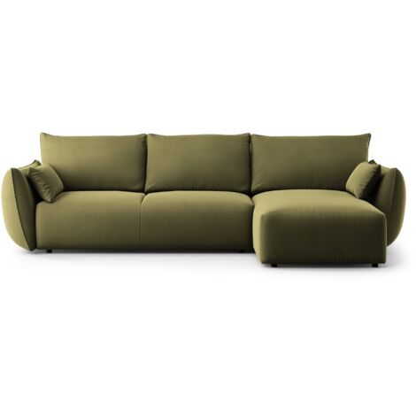 Canapé d'angle droit convertible + box 4 places en velours vert (1/5)