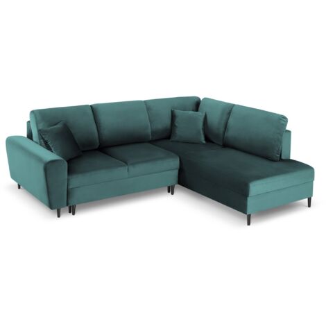 Canapé d'angle droit convertible + box 5 places velours pétrole (1/5)