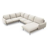 Canapé d'angle panoramique 7 places tissu structurel beige clair