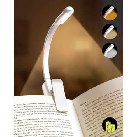 Lampe de lecture, lampes de lecture pour livres au lit, 3 couleurs et luminosité à gradation continue, lampe à pince pour signet à piles (1/5)