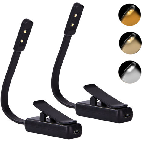 Lot de 2 lampes de lecture pour livres au lit, 3 couleurs et luminosité à intensité variable en continu, marque-page portable rechargeable à clipser