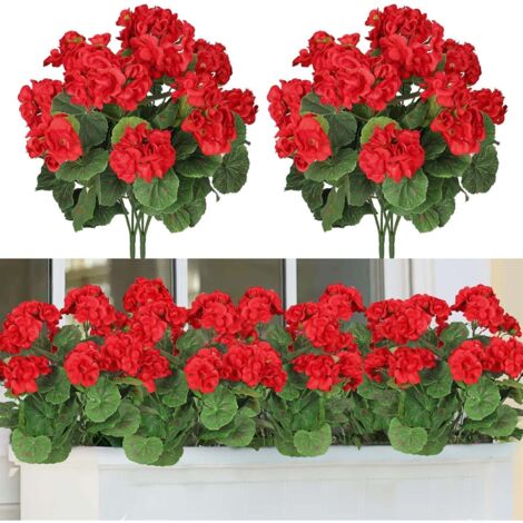 Lot de 3 bouquets de géraniums artificiels rouges, fleurs réalistes sans entretien pour jardin, balcon, cimetière, table, salon, décoration intérieure et extérieure