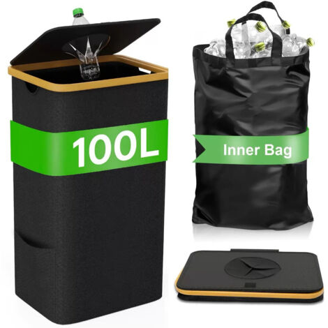 Poubelle de tri sélectif 100L grande capacité pour cuisine et maison, bac de recyclage étanche avec sac amovible, organisateur pour bouteilles, verre, plastique et emballages