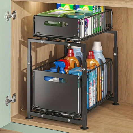 Panier coulissant pliable double couche pour évier de cuisine, organisateur de tiroir pratique pour couverts, baguettes et ustensiles, rangement multifonction gain de place (1/5)