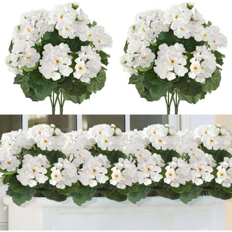 Lot de 3 bouquets de géraniums artificiels blancs résistants aux UV, fleurs décoratives réalistes pour jardin, balcon, boîte à fenêtre, terrasse, mariage et décoration intérieure extérieure
