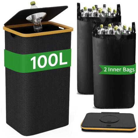 Poubelle de recyclage 100L avec couvercle et 2 sacs amovibles réutilisables, bac de tri intérieur grande capacité pour cuisine et maison, idéal bouteilles, canettes, verre et déchets ménagers