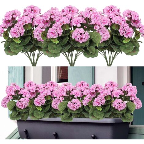 Lot de 7 bouquets de géraniums artificiels roses résistants aux UV, plantes décoratives sans arrosage pour balcon, jardin, pot de fleurs, terrasse, mariage et décoration