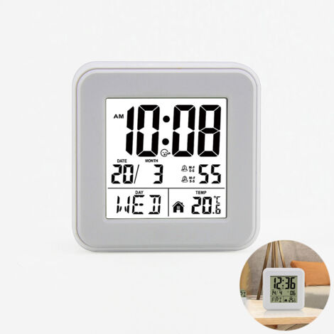 Horloge réveil numérique radio-pilotée DCF avec affichage température intérieure, date et fonction snooze, grand écran lisible pour salon, bureau et chambre – blanc (1/5)