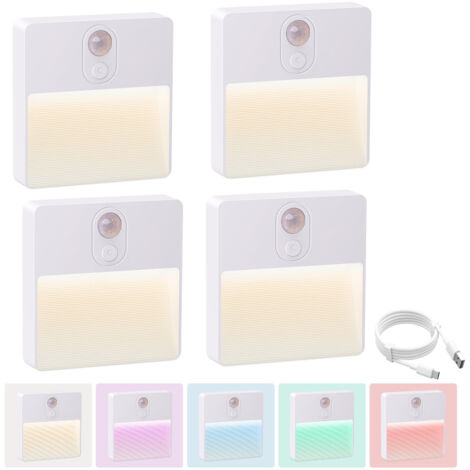 Lot de 4 veilleuses LED avec détecteur de mouvement, éclairage d'escalier rechargeable par USB, lampe de nuit RVB pour couloir, escaliers (1/5)