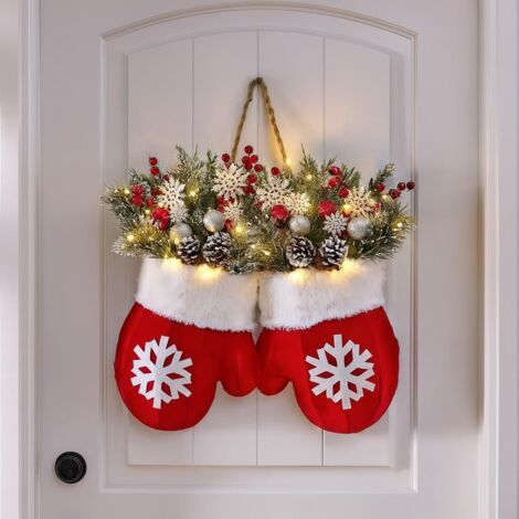 Couronne de Noël printanière, avec 20 LED, branches de pin artificielles, baies rouges, pommes de pin, couronnes décoratives pour les fêtes (1/5)