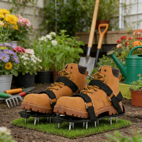 4 Paires Chaussures Aérateur de Pelouse avec Pointes Métal Renforcées, Boucles Rapides, Sandales Aération Sol Jardin, Outil Entretien Gazon (1/5)