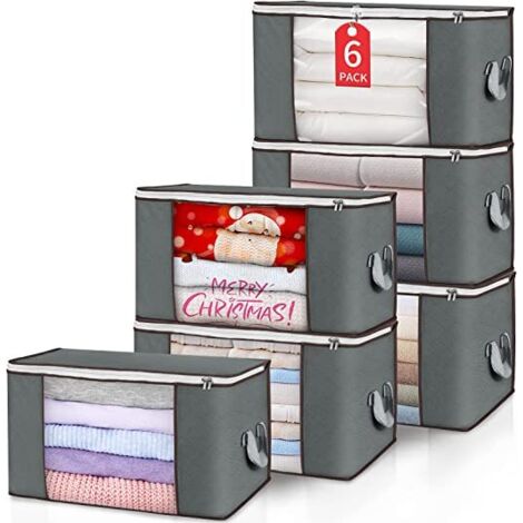 Lot de 6 bacs de rangement pliables pour vêtements avec poignées durables pour couverture, couette, vêtements, literie, gris (1/5)