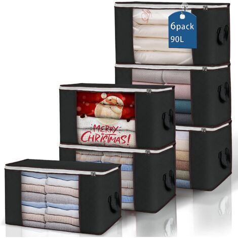 Lot de 6 bacs de rangement pliables pour vêtements avec poignées durables pour couverture, couette, vêtements, literie, Noir (1/5)