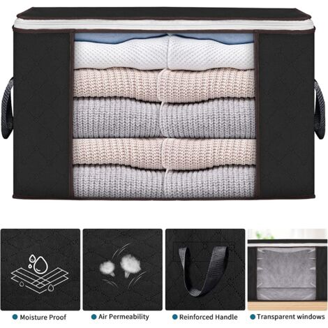 Grands sacs de rangement, placard organisateurs pliables avec poignée renforcée en tissu épais pour couettes, vêtements, literie, couvertures, Noir (1/5)