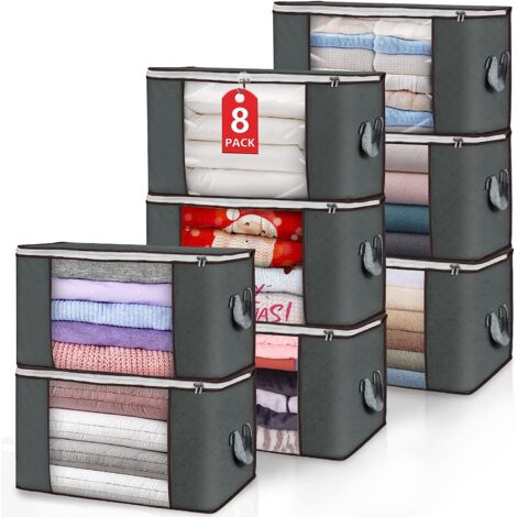Lot de 8 bacs de rangement pour vêtements pliables pour placards avec poignées durables en tissu épais pour couverture, couette, literie, 90 l (gris) (1/5)