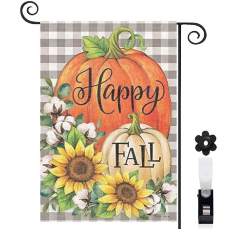 Drapeau de jardin printemps/été « Joyeux automne : citrouilles, coton et tournesols», petit drapeau de cour en toile de jute double face, vertical, décoration saisonnière pour jardin, maison de campag (1/5)
