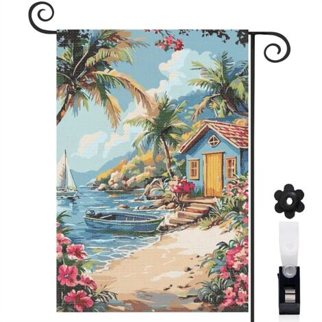 Drapeau de jardin Bienvenue en lin lavable 45 x 30 cm double face jardin et cour (1/5)