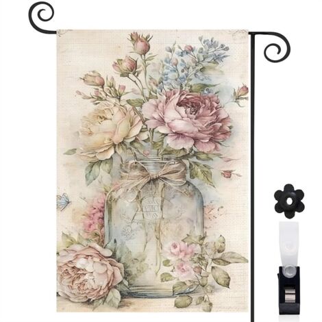 Drapeau de jardin Bienvenue en lin lavable 45 x 30 cm double face décoration saisonnière pour jardin (1/5)
