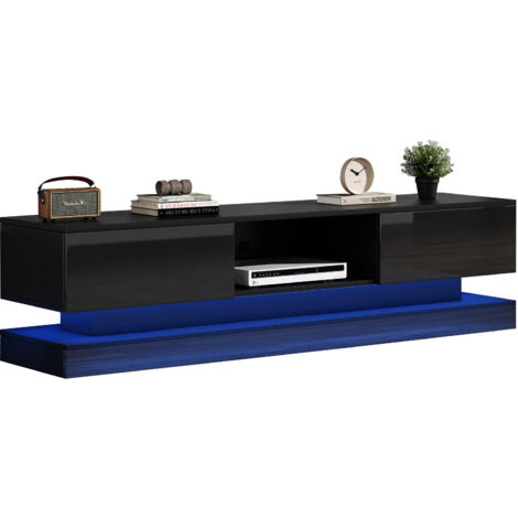 1603540,5 cm. Meuble de télévision en acier noir avec éclairage LED. Il comporte 2 tiroirs. Mode de fonctionnement automatique. Design anti-déversement. (1/5)