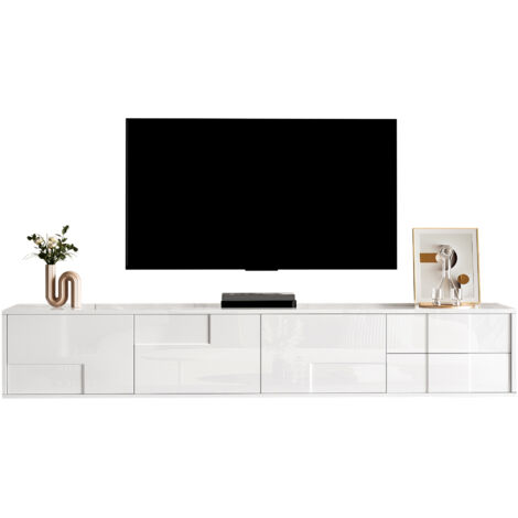 Meuble de salon moderne en bois blanc, hauteur : 170 cm. Peut être placé soit debout, soit suspendu. Sa surface est entièrement lisse et brillante. (1/5)