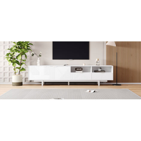 Armoire de télévision moderne, en bois de Bohême. Conçue avec des lignes géométriques blanches. La porte de l’armoire est décorée de manière minimaliste. (1/5)
