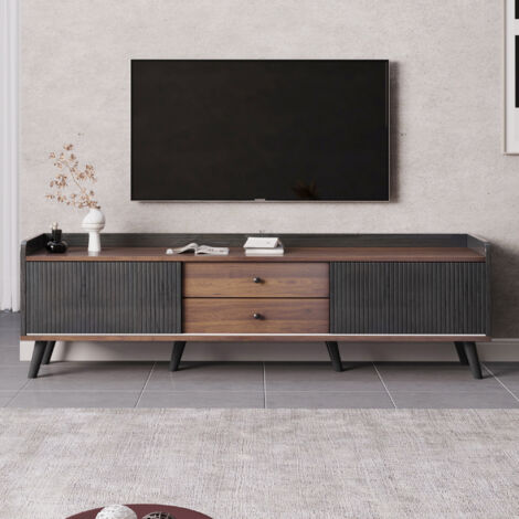 Armoire de télévision avec deux compartiments. Tablette pour la télévision, modèle TV Board. Texture exquise. Couleur noire et couleur de bois naturelle. Dimensions : H58/L160/T40 cm (1/5)