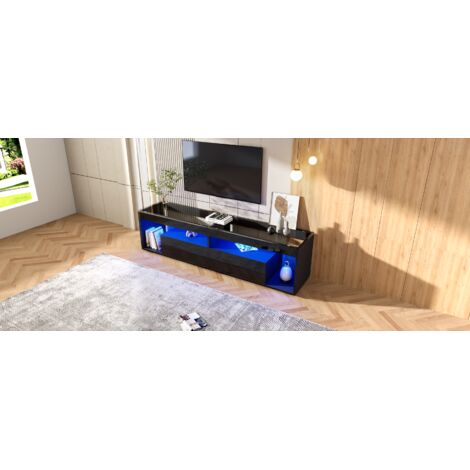Armoire TV en verre brillant LED, adaptée pour des téléviseurs de jusqu’à 70 pouces. Armoire TV noire, avec 2 compartiments. Armoire TV idéale pour les salles à manger et les chambres à coucher. Coule (1/5)
