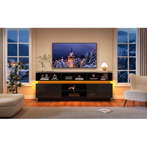 Pouvoir de 1603560 cm pour le montage du téléviseur dans le salon. Support plat pour le téléviseur, avec un espace de rangement en verre durci. (1/5)