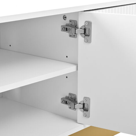 Tablette de télévision moderne avec espace de rangement. Design arrondi, système pour organiser les câbles. Surface texturée. Console multimédia pour le salon. (1/5)