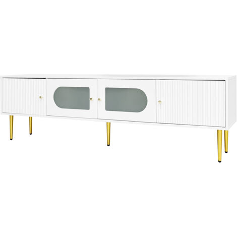 Meuble de télévision élégant, mesure 1703550 cm. Corps blanc, pieds et poignées dorés. Deux portes avec des fentes verticales. Deux autres portes en verre incurvé. (1/5)