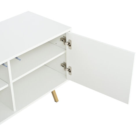 Un meuble de télévision de dimensions 190 x 40 x 51,5 cm, conçu pour être placé dans le salon. Il comporte 4 portes de meubles. Les plans de travail sont munis de 6 pieds métalliques (1/5)