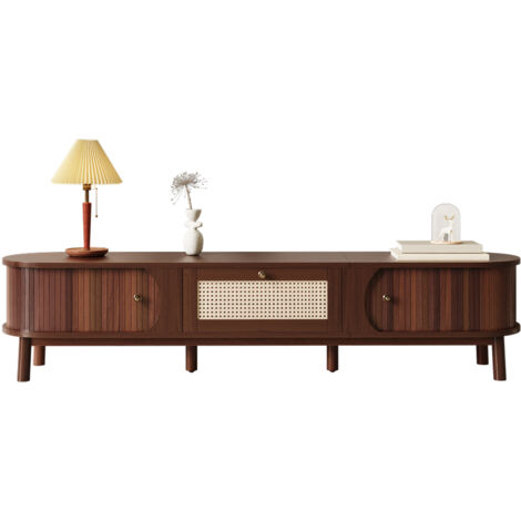 Armoire télévisuelle – Armoire en bois naturel, avec des portes et des tiroirs en raphia. Des solutions de rangement naturelles pour un environnement rustique. (1/5)