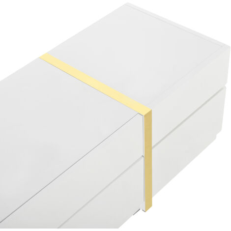 Meuble de salon luxueux pour téléviseur : meuble de rangement pour la télévision, finition en matériau brillant, bordures de couleur dorée. Comprend des compartiments et des portes. (1/5)