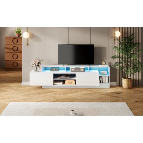 1904048,5 cm. Meuble moderne pour téléviseurs jusqu’à 70 pouces. Espace de rangement ouvert, avec des écrans LED. Conforme à l’utilisation en tant que meuble de chambre ou de salon. (1/5)