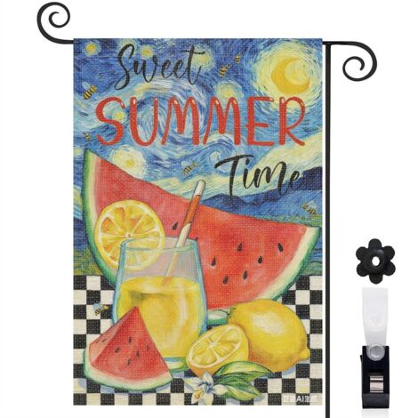 Drapeau de jardin Sweet Summer Time aquarelle pastèque et citron 30 x 45 cm décoration extérieure jardin (1/4)