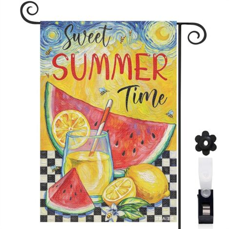 Drapeau de jardin motif damier et fruits d'été aquarelle 30 x 45 cm décoration terrasse et extérieur (1/5)