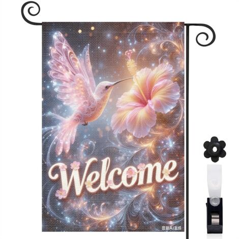 Bannière de cour Welcome hibiscus élégant 30 x 45 cm décoration porche et maison (1/5)