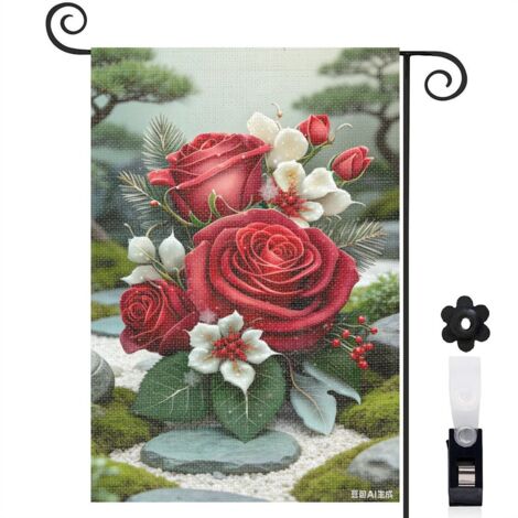 Bannière de cour hiver magique et roses rouges 30 x 45 cm décoration maison de campagne (1/5)