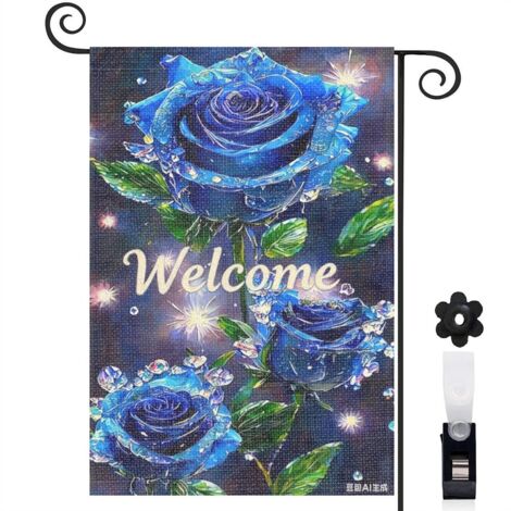 Bannière de cour Welcome et roses bleues avec gouttes d'eau 30 x 45 cm décoration porche et maison (1/5)