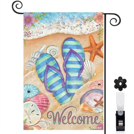 Drapeau vertical coquillages et Welcome pour l'été 30 x 45 cm décoration saisonnière cour (1/4)