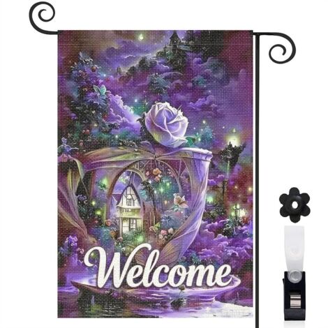 Drapeau de jardin Welcome et ambiance féerique 30 x 45 cm décoration porche et entrée (1/4)