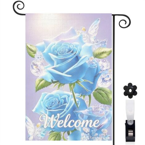 Bannière de cour style enchanteur et pot de roses bleues 30 x 45 cm décoration maison de campagne (1/5)