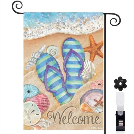 Drapeau vertical plage de sable et tongs bleues 30 x 45 cm décoration jardin d'été (1/5)
