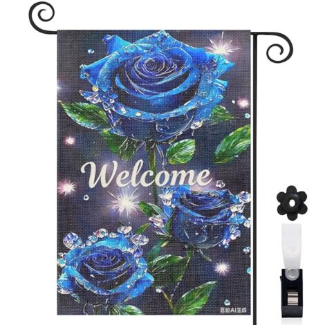 Bannière de cour Welcome et roses bleues magiques 30 x 45 cm décoration maison de campagne (1/5)