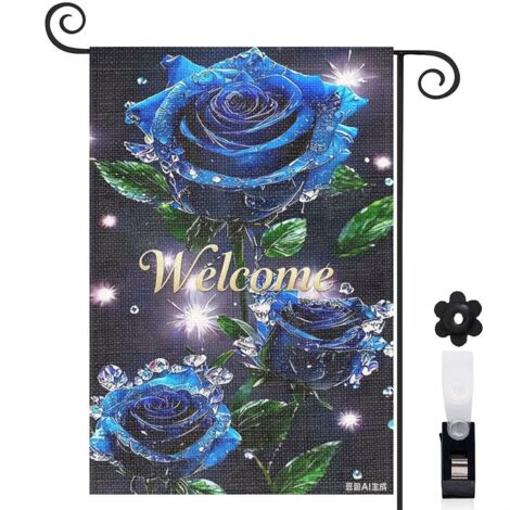 Bannière de cour fond sombre et roses bleues à paillettes 30 x 45 cm décoration porche et maison (1/5)