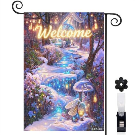 Bannière de cour Welcome forêt hivernale et fée 30 x 45 cm décoration extérieure et saisonnière (1/5)