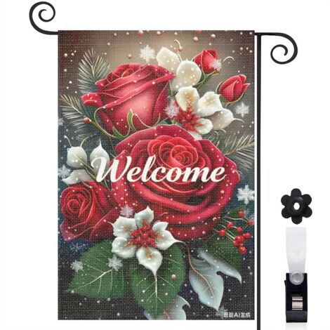 Drapeau de jardin Welcome et fleurs rouges et blanches 30 x 45 cm décoration cour et balcon (1/5)