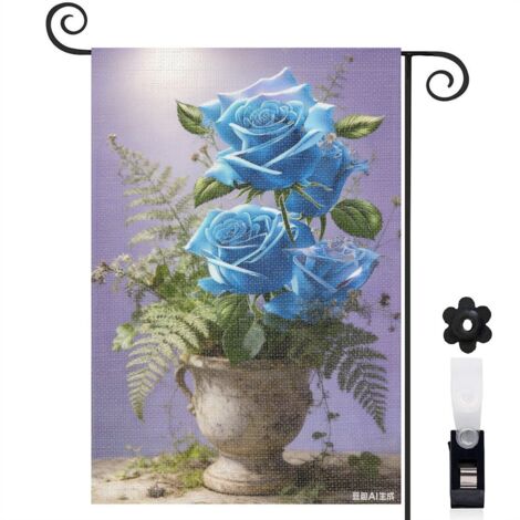 Drapeau vertical lumière du soleil et roses bleues scintillantes 30 x 45 cm décoration jardin d'été (1/5)
